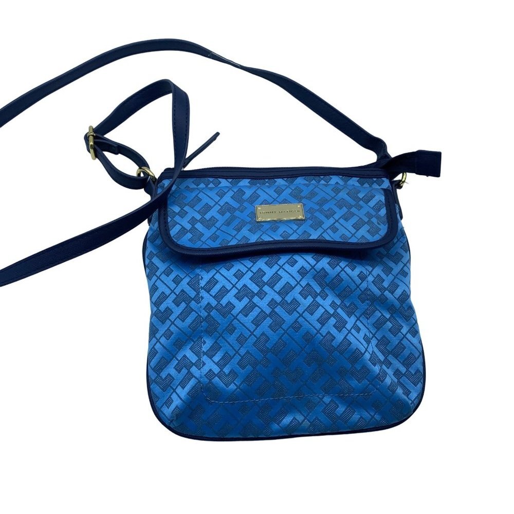 Tommy Hilfiger Blue Black T H Spellout Crossbody Purse 6.5" x 9" Strap Drop 23"